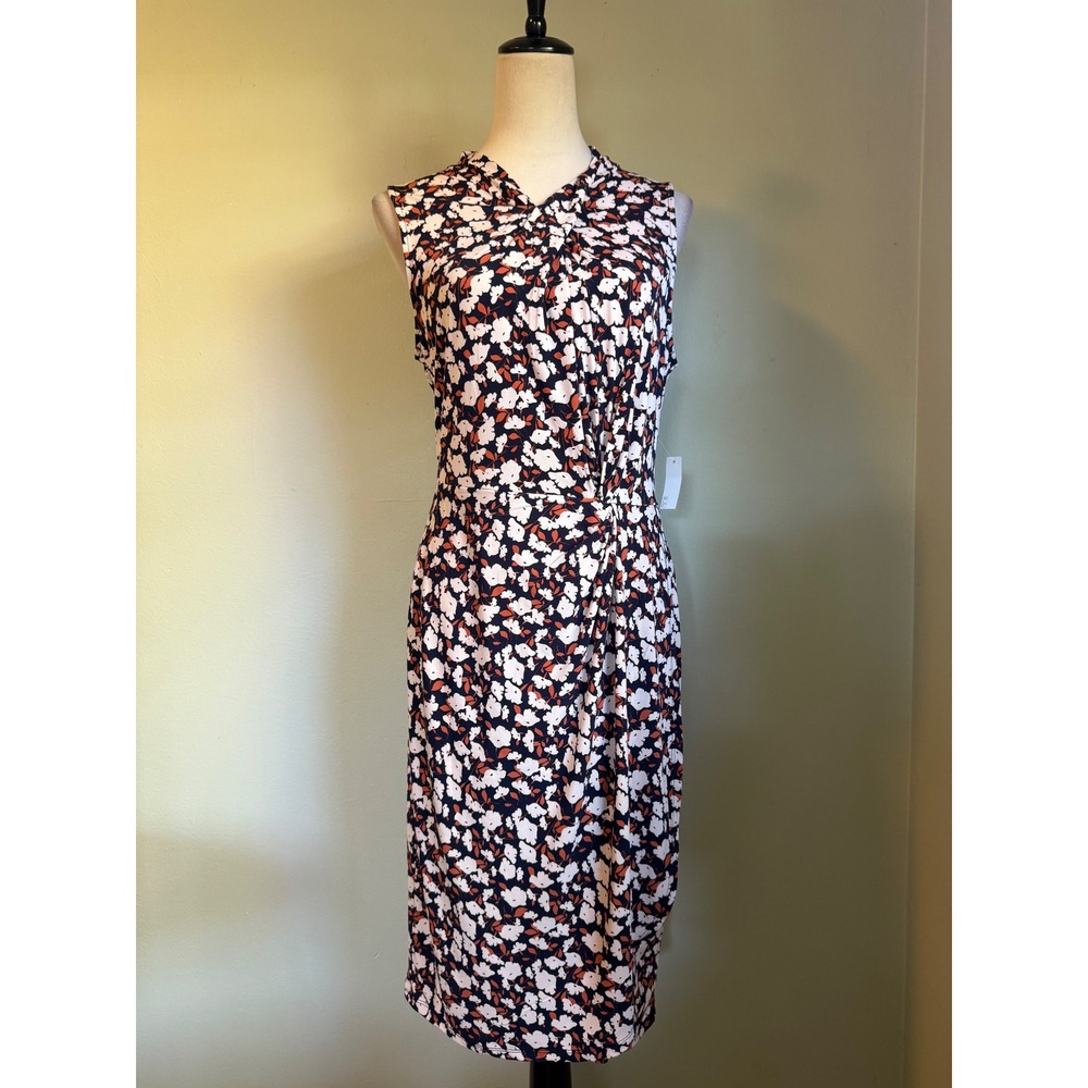 Amazon Floral Faux Wrap Twist Midi Dress Navy Blue L NEW boho whimsi dainty prep